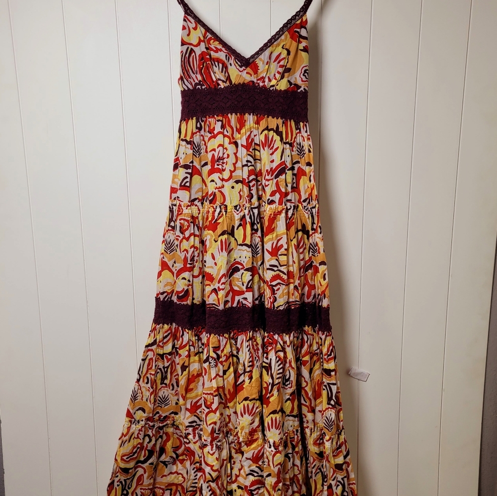 Womens Boho Floral Maxi Dress Size 2  Tiered Festival Hippie Summer Strappy